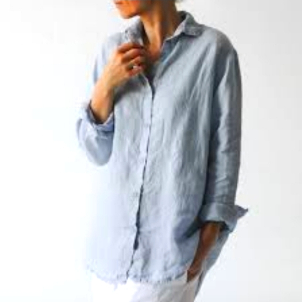 💖Tahari Linen Blue Long sleeve Top